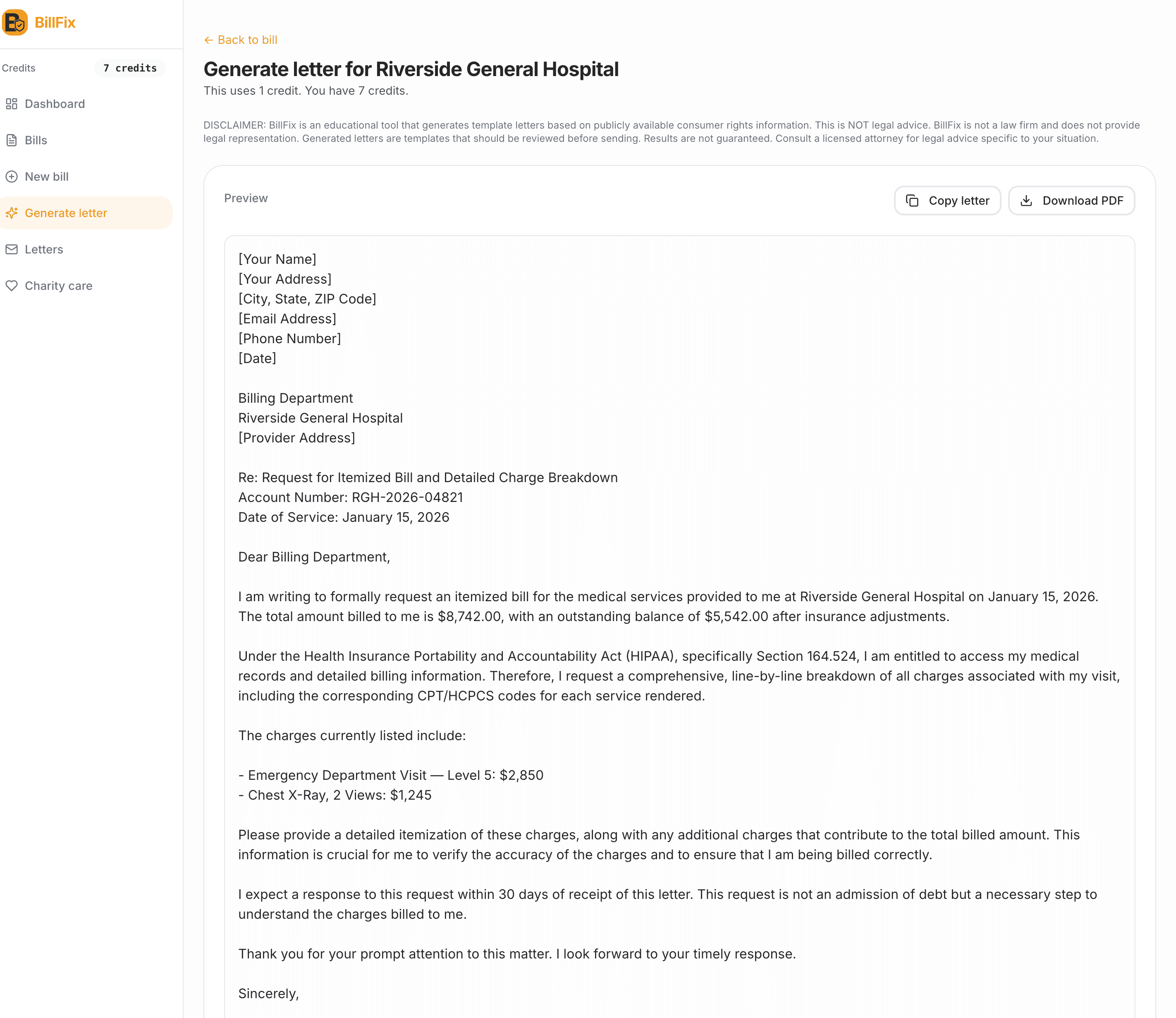 BillFix generated dispute letter preview ready to download and send